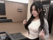 Pretty girl exposes her breasts while working out