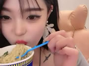 Asian best tattooed girl dances and eat noodle